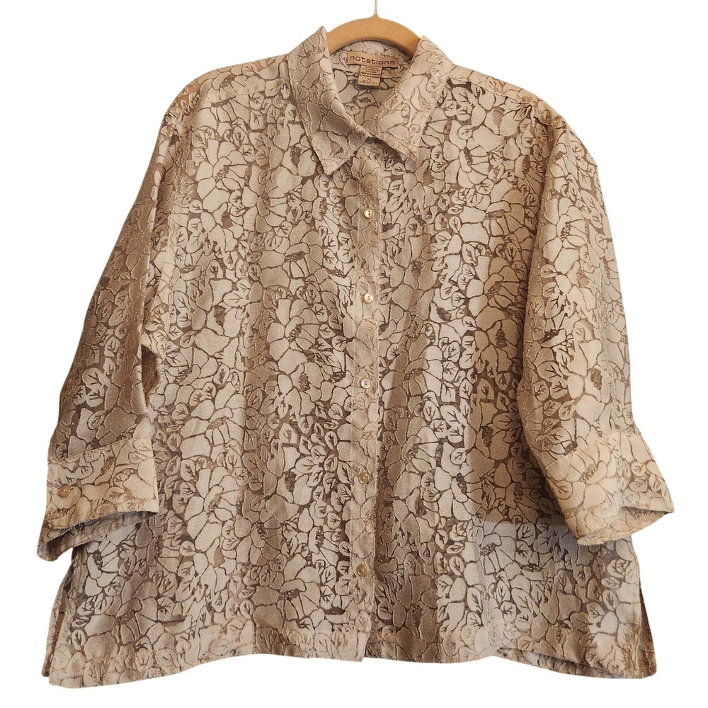 Notations Blouse Women XL Beige Excellent Floral Burnout Button Down Top